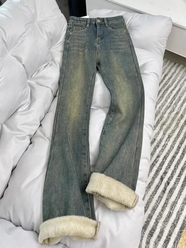 Retro azul Fce forrado Thiened Micro pantalones vaqueros acampanados mujer primavera otoño talla grande ocultar cadera adelgazante Bell Bot