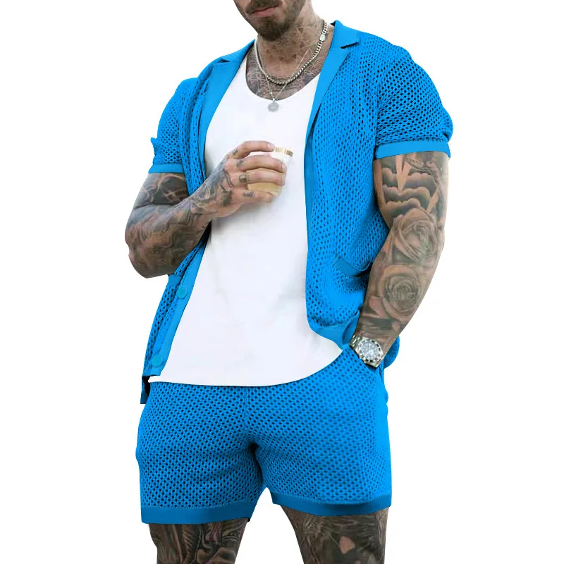 2026 Sommer Herren Ausgehöhltes Dünnes Zweiteiler-Set: Kühles, Atmungsaktives Kurzarm-Oberteil mit Passenden Shorts – Lässiges Alltagsoutfit im lockeren Schnitt – Detail 16