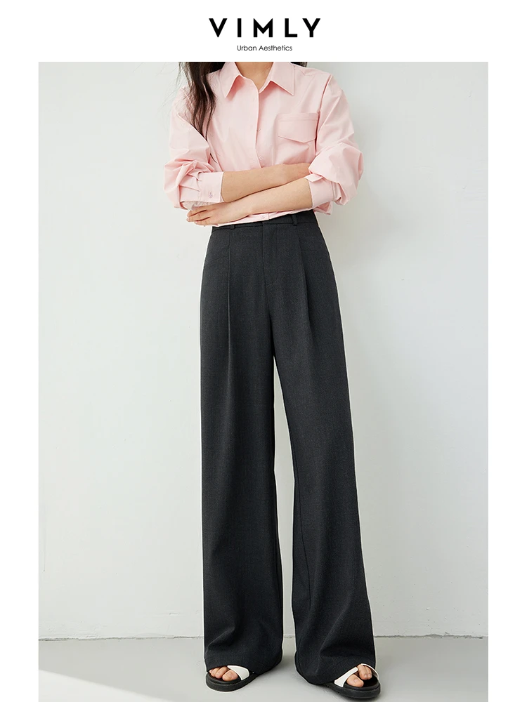 VIMLY High Waist Draped Suit Pants Spring/Autumn New Straight Loose Simple Workwear Trousers Wide Leg Female Suit Pants M5968