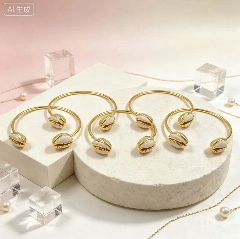 WT-B197 Wholesale Fashion Design Tiny Cowrie Shell Bangles 18k Gold Electroplated Adjustable Raw Cowrie Bracelet