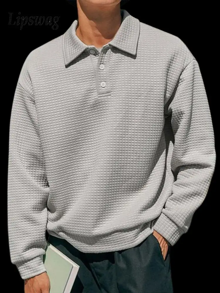 

Stylish Waffle Plaid Polo Shirts Mens Long Sleeve Button-up Turn-down Collar Polo Shirt 2025 Fall Fashion Solid Color Men's Tops
