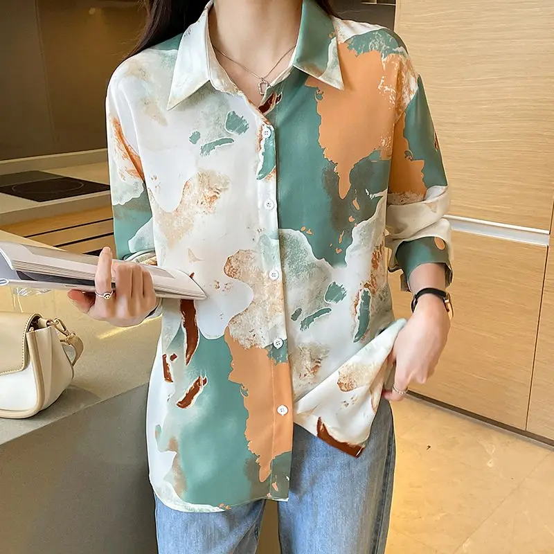 Fashion Elegant Spring Autumn New Chiffon Blouses Women's Polo-Neck Printed Tie Dye Loose Chic Long Sleeve Single-breasted Shirt