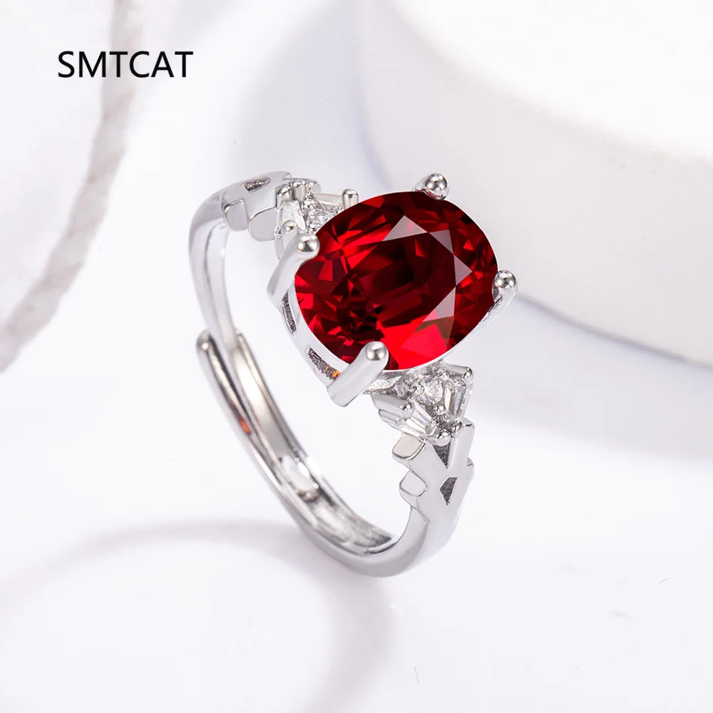 Oval Red Genuine Natural Garnet Ruby 925 Sterling Silver Geometric Adjustable Ring for Women Fashion Statement Gemstone Jewelry