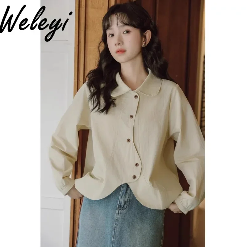 

Cute Loose Irregular Long Sleeve Shirts Dopamine Spring Wear Match New Japanese Style Retro Chic All Match Camisas E Blusas Tops