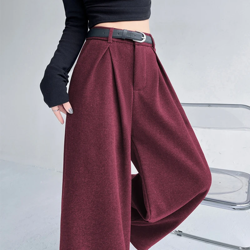 

Woolen Wide Leg Pants Women's Solid Color Thick 2024 Autumn Winter High Waist Slim Straight Leg Loose Fitting Suit Casual Pants