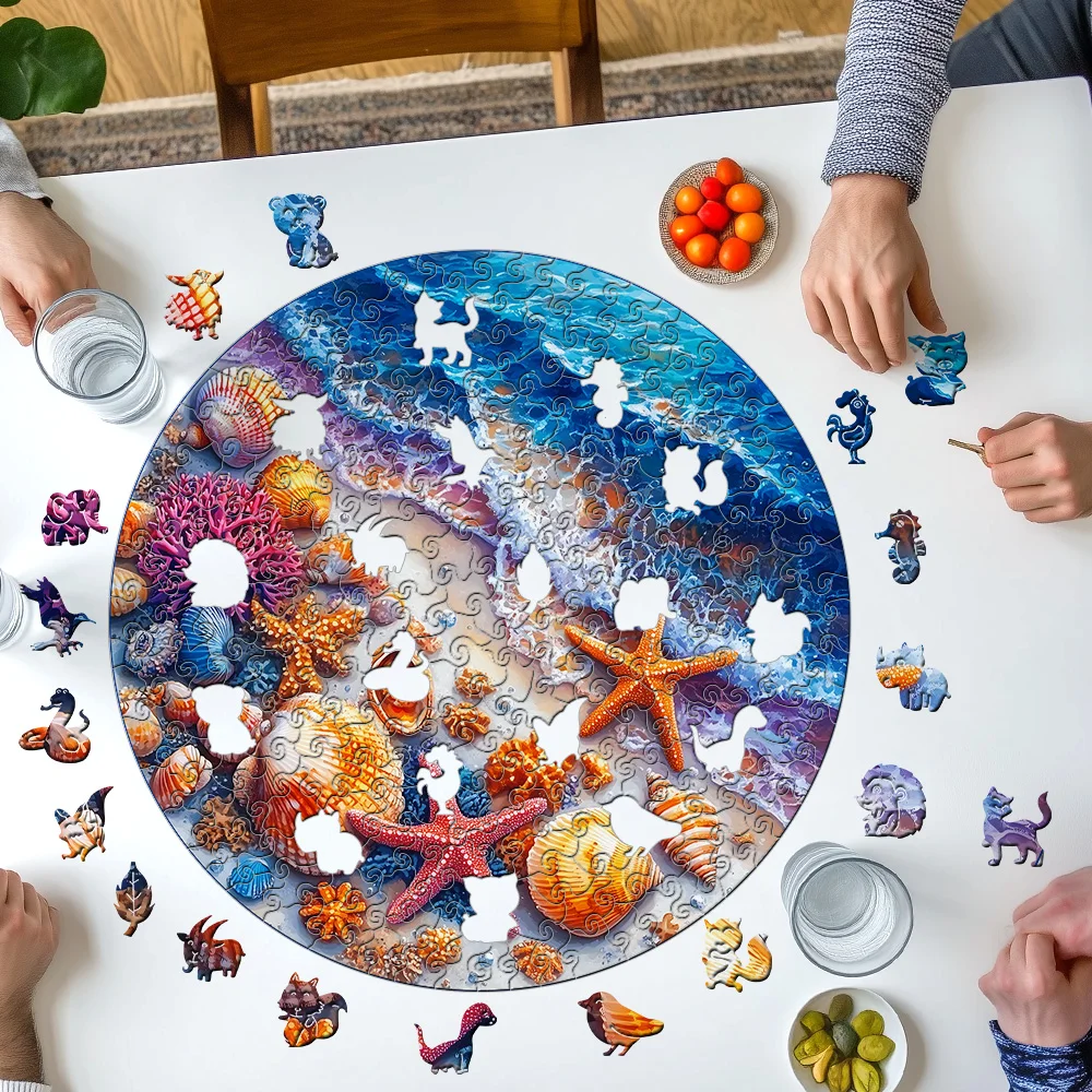 Puzzle de madera Shell Beach, rompecabezas de madera premium, elegante caja de papel, juguete rompecabezas de forma irregular, creatividad divertida, alivio del estrés