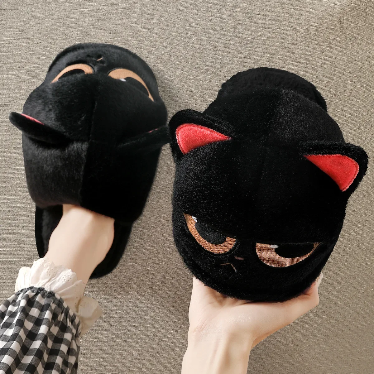 2024 new angry little black cat cotton slippers for women, autumn indoor home, winter warm plush cotton slippers for women