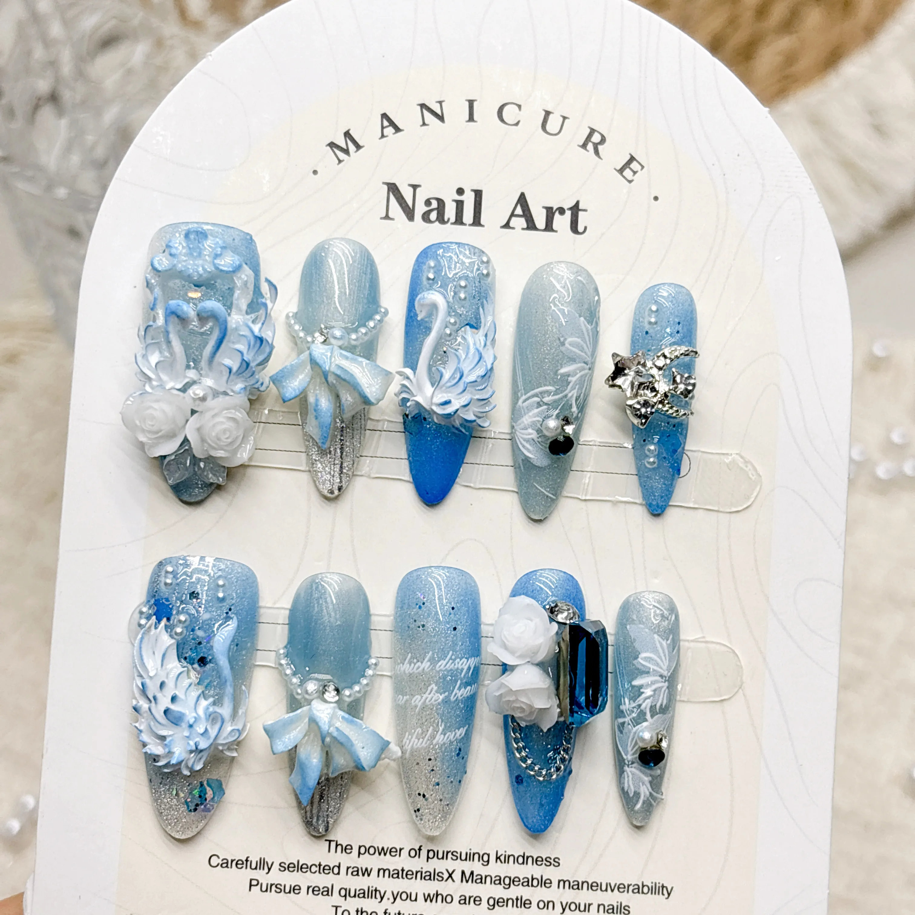 Ice Blue 3D Swan White Rose Handmade Press On Nails, Clear Cat Eye Glitter Long Coffin Fake Nails With Bow Rhinestone Pearl Deco