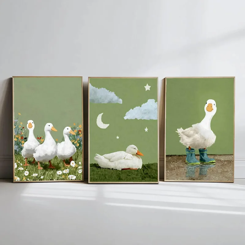 3PCS frameless decorative art print,3PCS Cute Duck Art Print  Playful Sage Green Stripes Wall Art  Nursery Decor Farm Animal Pos