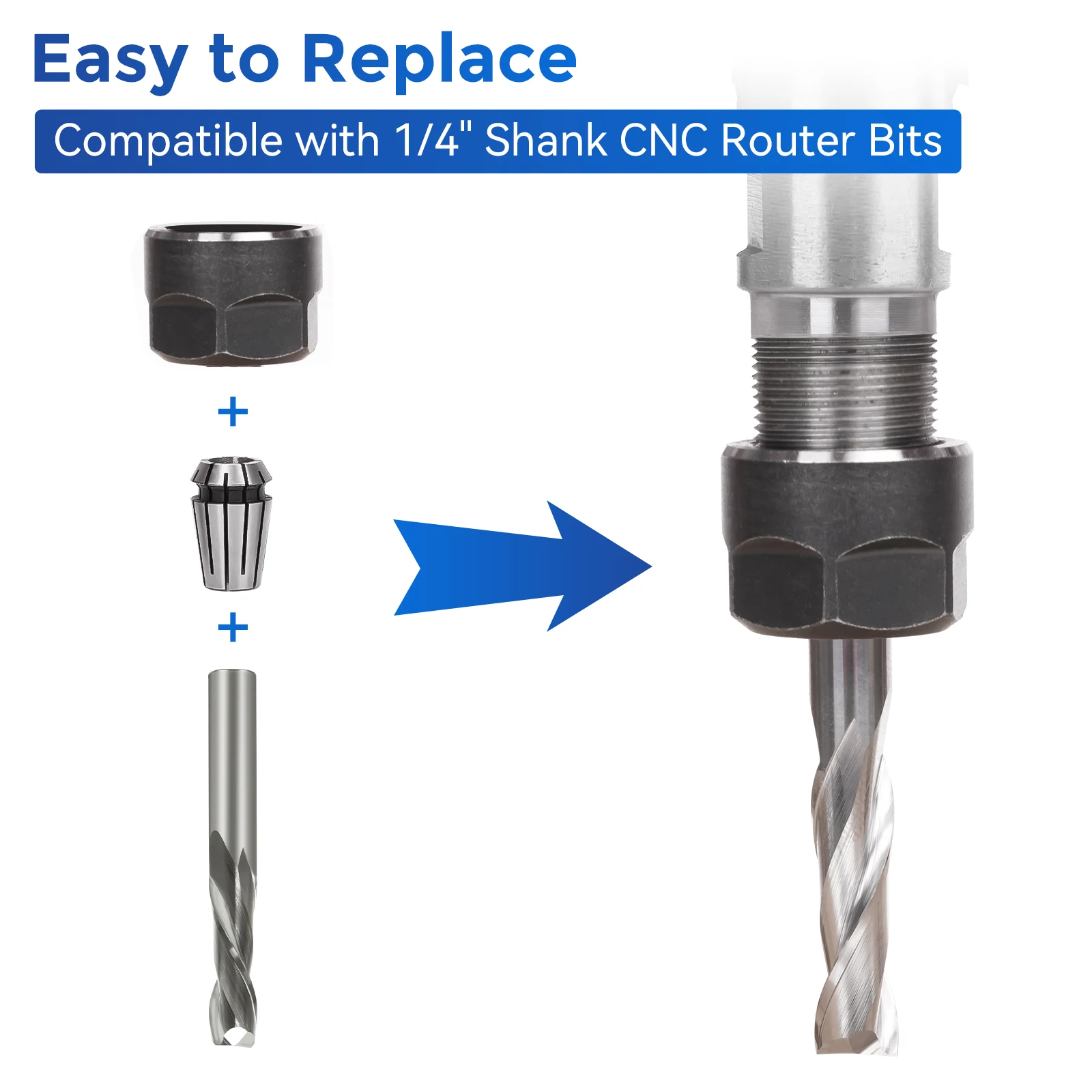 1/4" Shank CNC Router Bit Essential Kit Includes high Precision 1/4" ER11 High Precision Collet, V-bit, End Mills, Chamfering Bi