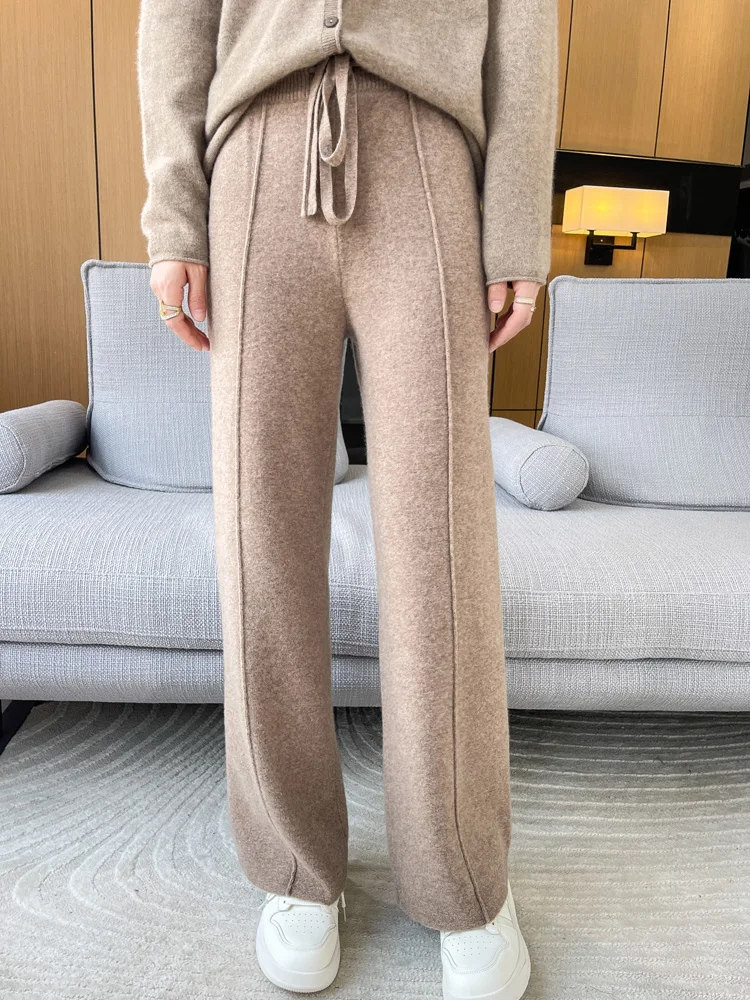 New Women Wide-Leg Pants 100% Merino Wool Quality Soft Thick Warm Trousers Autumn Winter Casual Knitted Elastic Waist Slacks