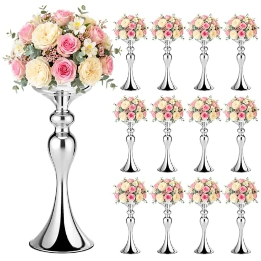 Wedding reception centerpiece stand: silver metal tall 12.6-inch flower arrangement holder for table decor elegant and sturdy f