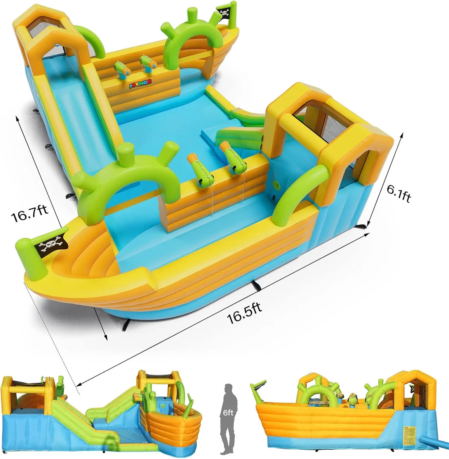 풍선 워터 슬라이드 파크, 해적선 대형 워터 슬라이드 바운스 하우스 2개(물대포 4개 포함), 챌린지 클라이밍 월, 10-in-1 Wa