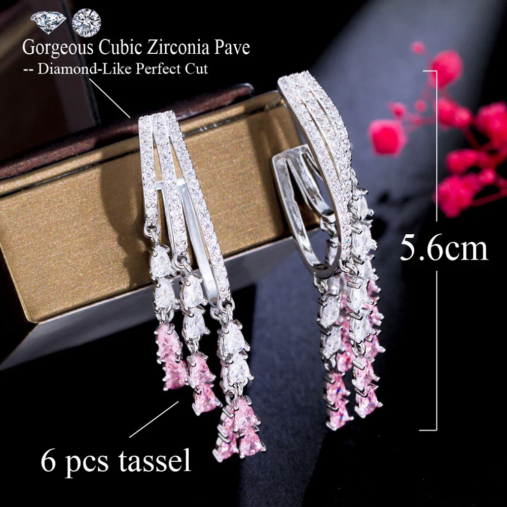 ThreeGraces orecchini pendenti con nappe geometriche lunghe Color argento con zirconi cubici rosa brillante per gioielli da festa di moda donna E1048