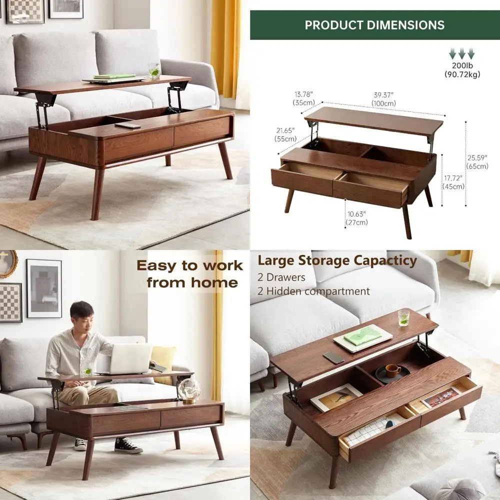 

Современный журнальный столик из массива дуба середины века с подъемной столешницей и местом для хранения вещей для гостиной