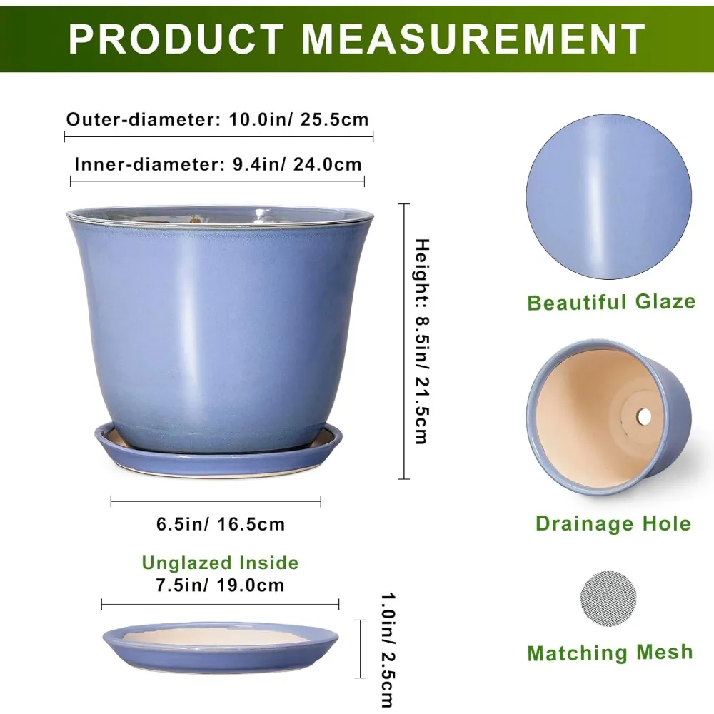 

10 Inch Ceramic Plant Pot with Drainage Hole & Saucer - Indoor Outdoor Flower Planter for Home Garden Decor, Purple-Blue