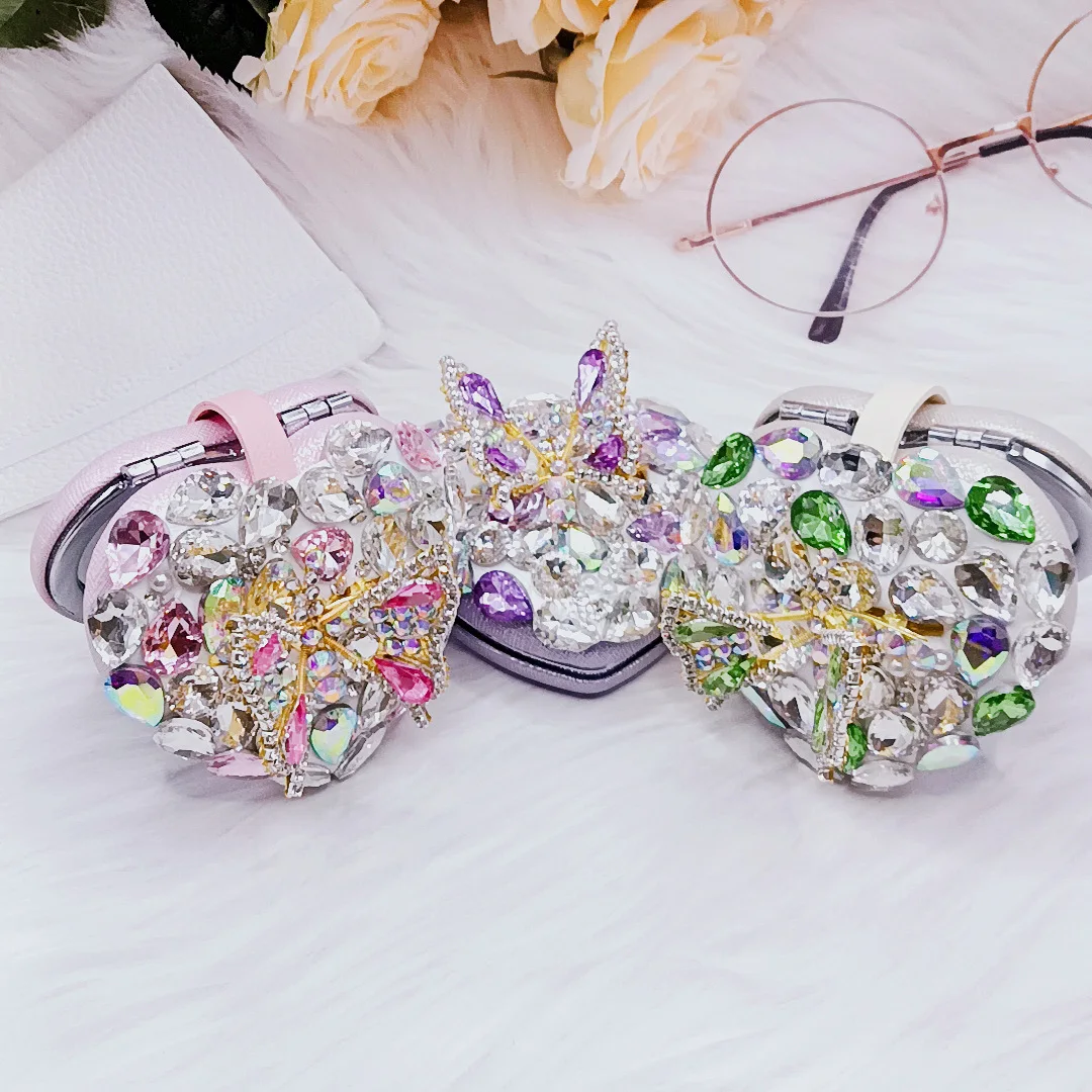 Creative 3D Butterfly Crystal Diamond Folding Mirror Advanced Home Decoration Love Makeup Mirror Keychain Pendant Gift