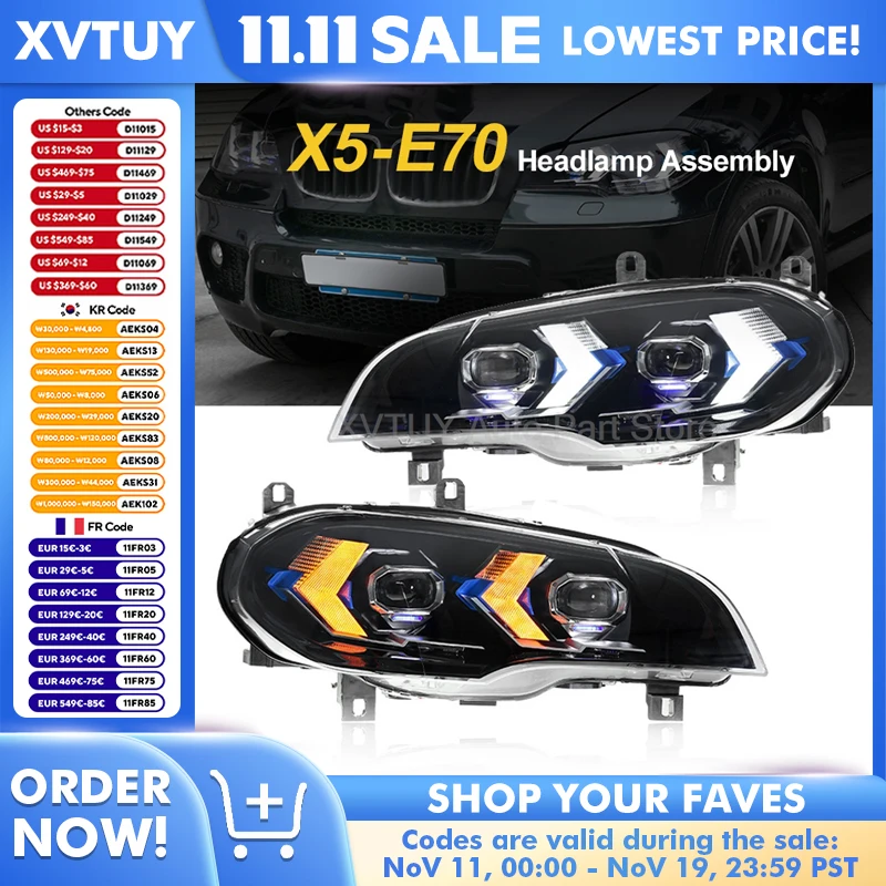 

Фара для BMW X5 E70 2007-2013, светодиодная фара для стайлинга автомобилей, динамический указатель поворота, DRL, аксессуары для модификации линз проектора