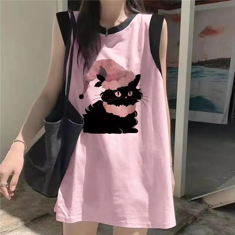 Korean Style Powdered Black Sleeveless Jacket Top For Women Hip Hop Fashion Brand Summer Clothes For Girlfriends Loose Top