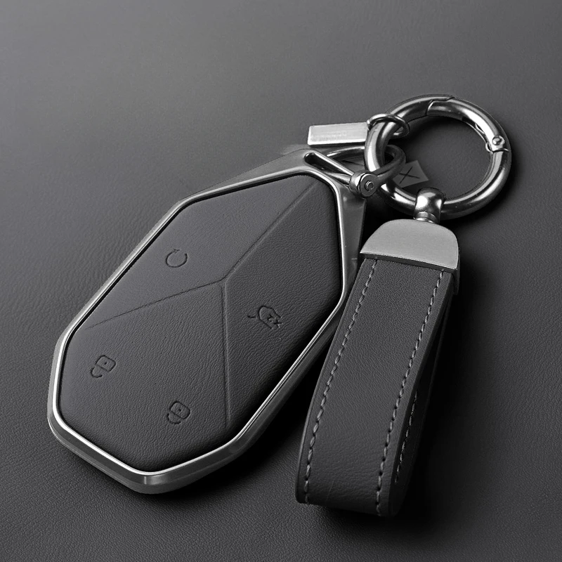 Suitable for BYD Leopard 5  Simple Style Aluminum Alloy + Leather Car Remote Key Case Cover Anti Scratch and Wear-resistant