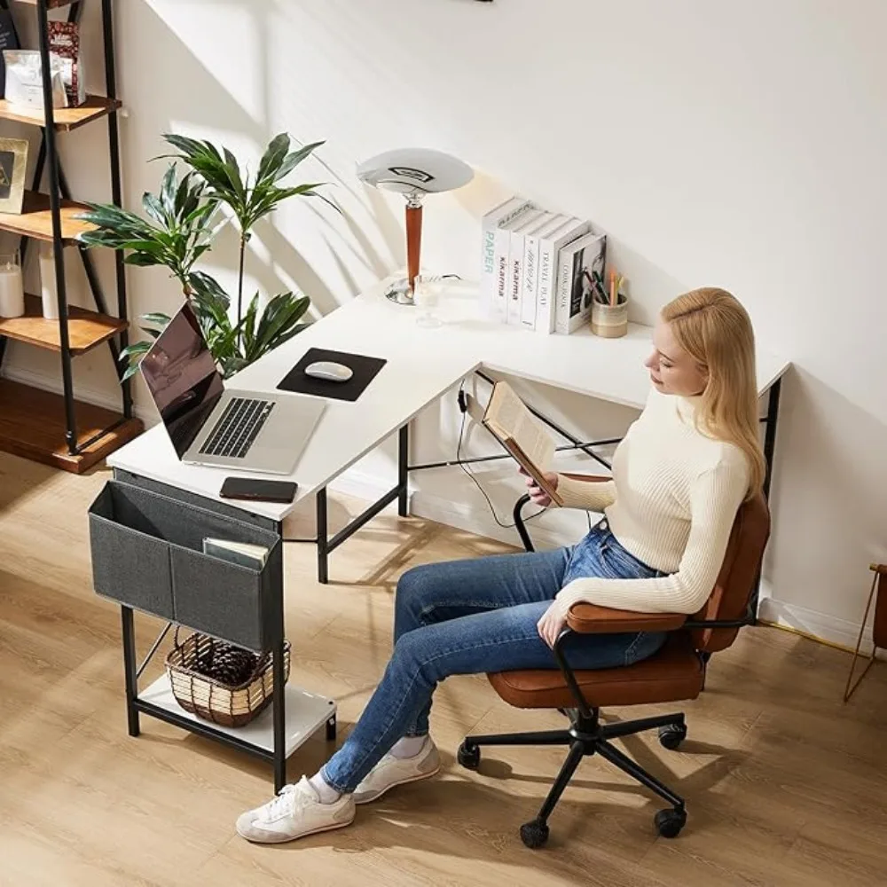 Escritorio de ordenador en forma de L, mesa de juegos de PC de esquina de madera con bolsa de almacenamiento lateral para espacios pequeños de