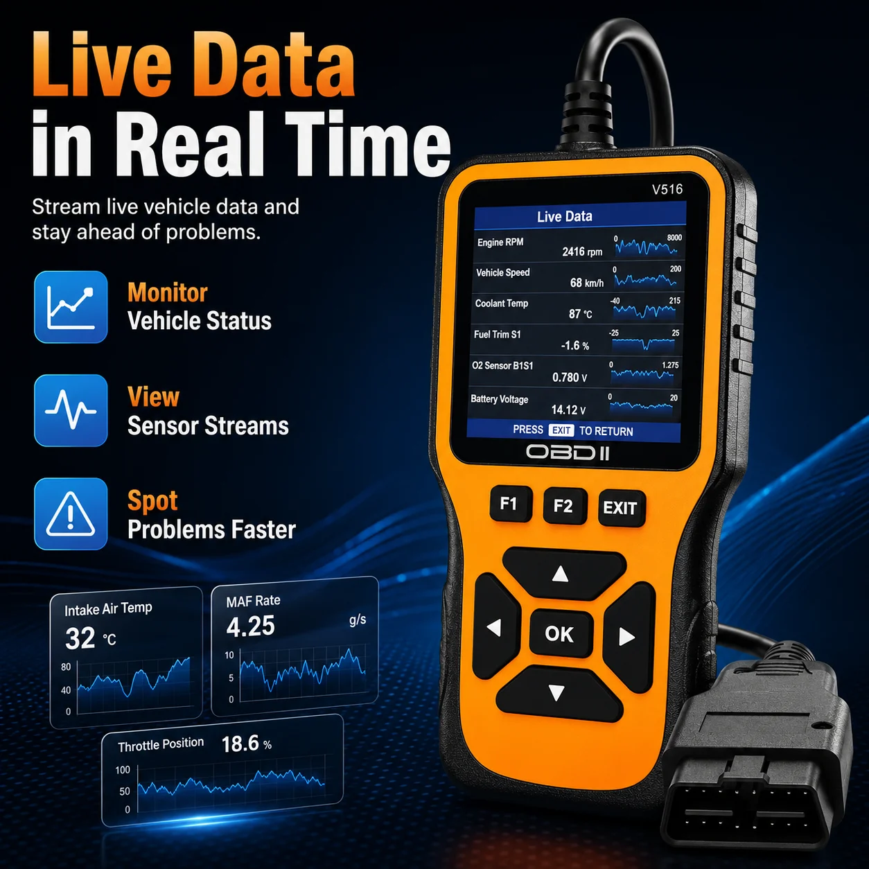 V516 Obd2 Scanner Automotive Diagnostic Tool with Silicone Buttons, Engine Fault Code Reader, Real-Time Data Stream, Read and Clear