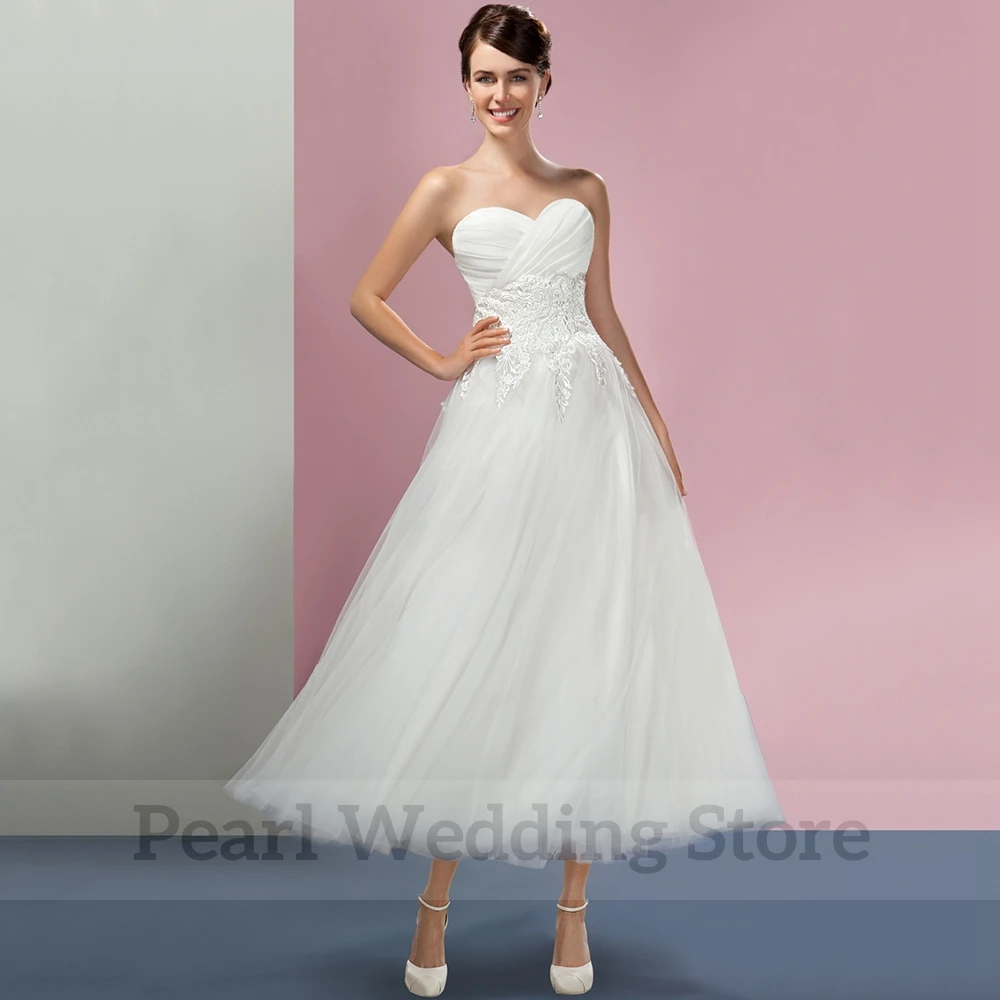 Robe de Mariée Plissée en Satin et Tulle Classique, Ligne A, Mi-mollet, Dos Ouvert, en Dentelle, pour Patients Civiles