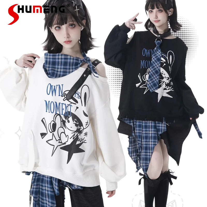 

Japanese Preppy Style Blue Grid Playful Contrasting Colors Casual Thin Sweatshirts Y2k Irregular Design Top and Trousers Outfit
