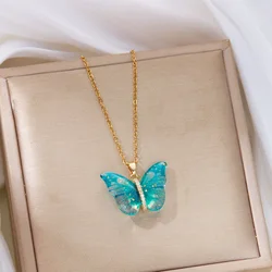Simple Resin Butterfly Necklace for Women Gradient Colorful Insect Pendant Clavicle Chain Necklace Exquisite Party Jewelry