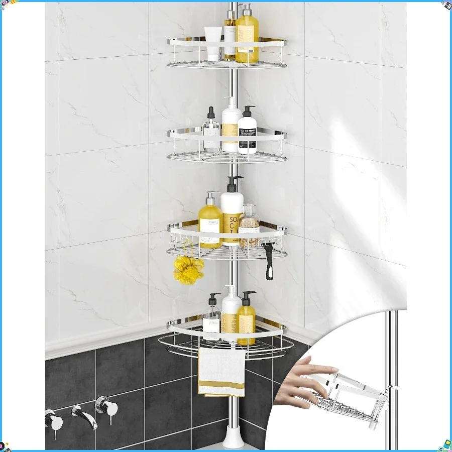 Нержавеющий угловой органайзер для душевой кабины, 4 регулируемые полки, натяжной столб, высота 34-116 дюймов для хранения в ванной комнате