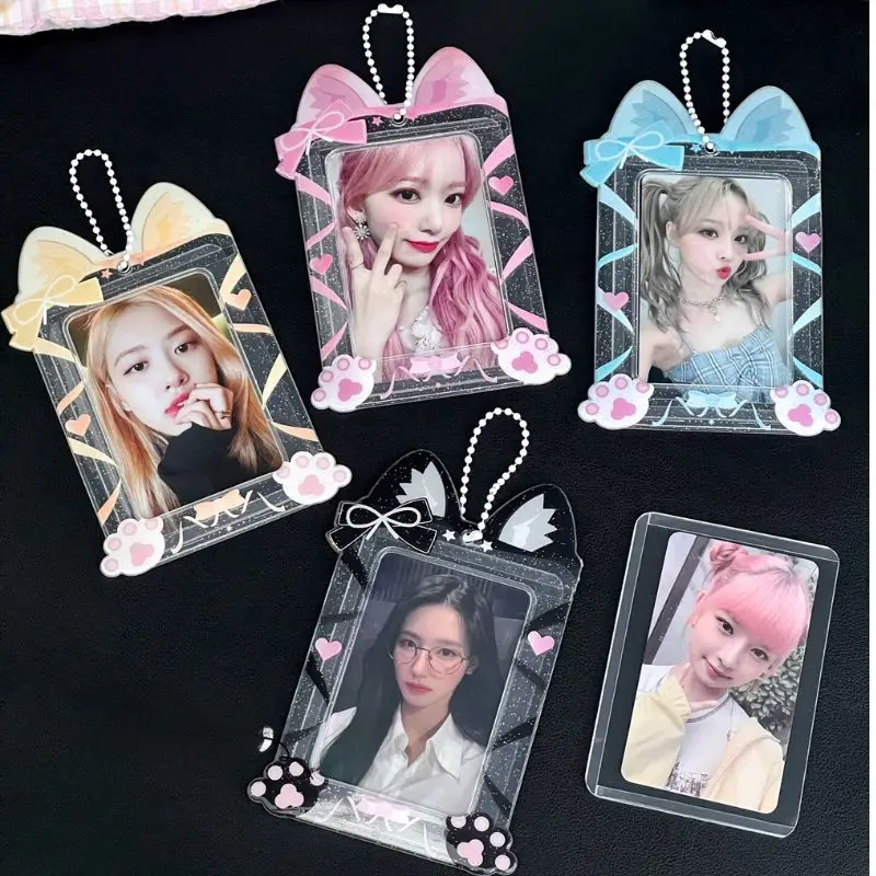 Cartoon Cat Ribbon Photocard Holder PVC Photo Sleeves Bag Pendant 3 Inch Student Girls ID Bus Card Holder Card Organizer