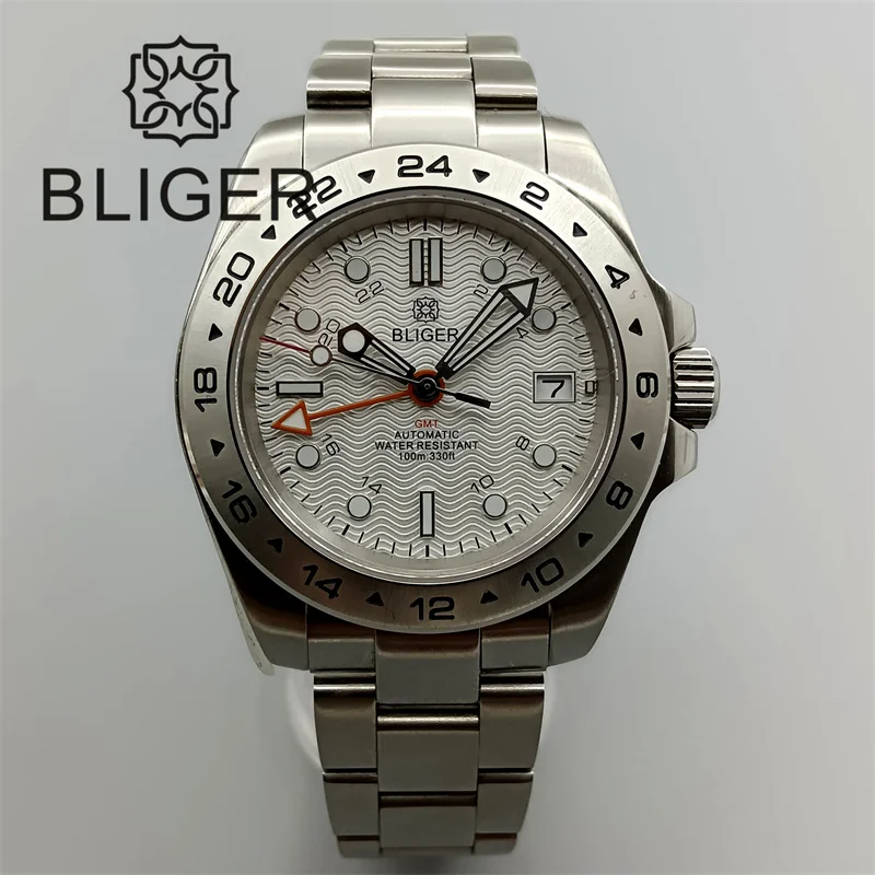 

BLIGER 39mm NH34 GMT Watch For Men Black Blue White Wave Dial Orange Gmt Green Luminous Sapphire Glass 24 Jewel Bezel Waterproof