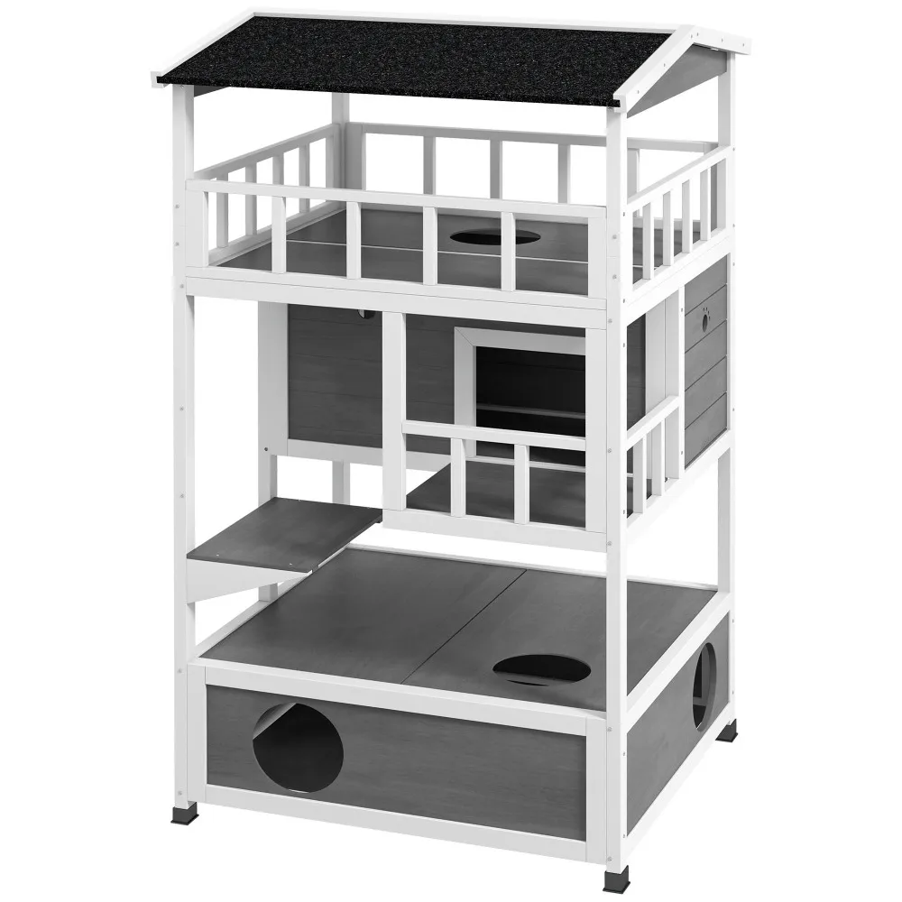 PawHut Wooden Outdoor Cat House: Feral Cat Shelter Kitten Condo with Asphalt Roof, Escape Doors, Jumping Platform, Light Gray view 7