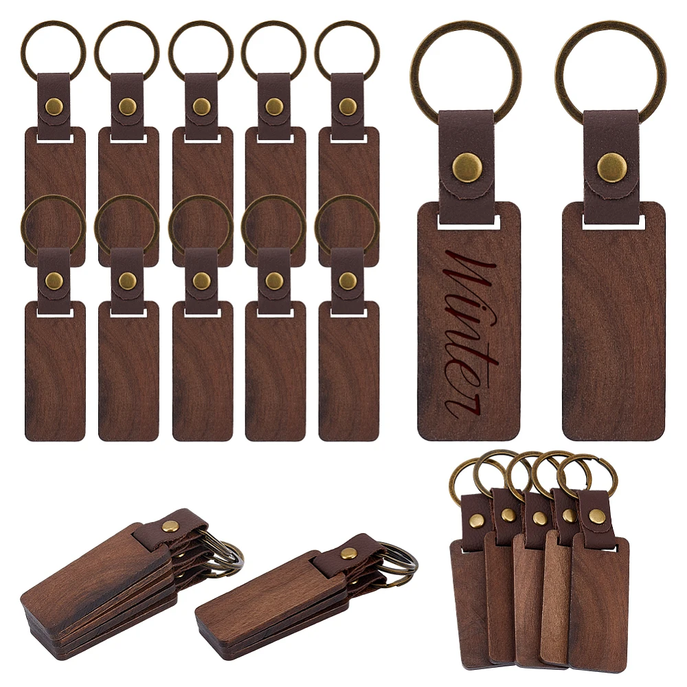 40 Pcs Walnut Wood Keychains Blank Wooden Key Chain with Leather Strip Unfinished Rectangle Keyrings for Laser Engraving DIY