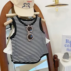 Children Striped Cotton Sleeveless T-shirts for Girls 3-9Y Soft Casual Tee Outing Round Neck Vest Tops Kids Clothing