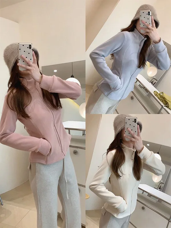 

Women's Fleece Lined Slim Fit Short Jacket Thickened Stand Collar Sweatshirt Yoga Top Outerwear Autumn Winter Fashionable