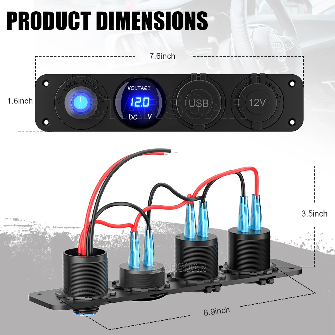 PSEQT 12V Dual USB Charger Panel Socket 4 in 1 with Rocker Switch Car Cigarette Lighter Digital Voltmeter for Car Boat Truck RV