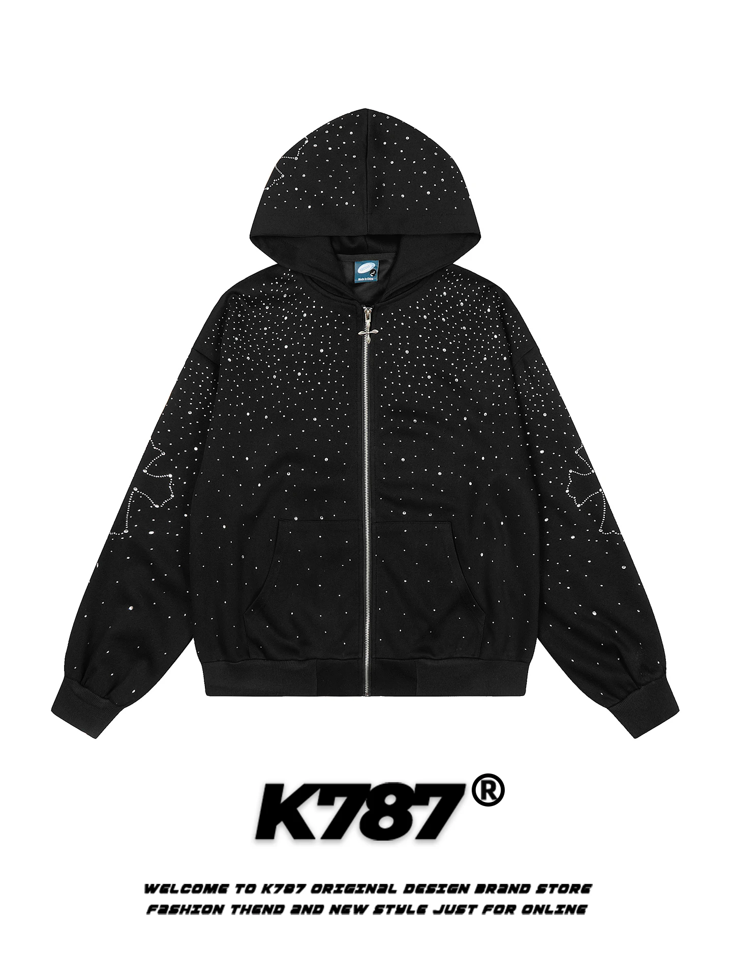 

K787 American Retro Hooded Zipper Sweatirt ex Casual Loose Fit Spring Lazy Sle Diamond Embellied Streetwear