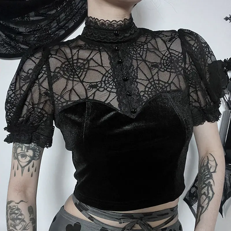 

T-Shirts Goth Lace Mesh Short Sleeves Y2K Vintage Aesthetic Sexy See Through Black Corset Crop Tops Women Summer Tees