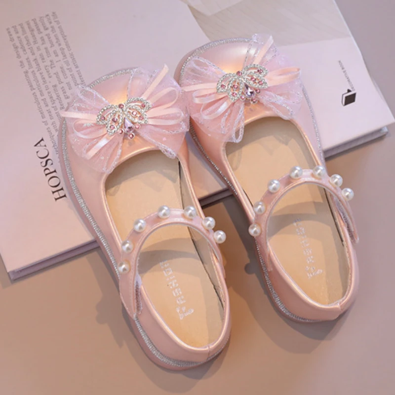 Girls Princess Leather Shoes 2024 New Elegant Sweet Kids Ballet Flat Shoes for Wedding Lace Bowknot Children Dress Single Shoes