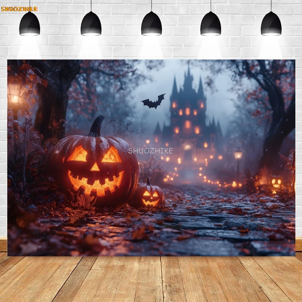 Forest Pumpkin Halloween Night Decor Photography Backdrop Horror Light Castle Kids Party Decor Photo Background Studio Props