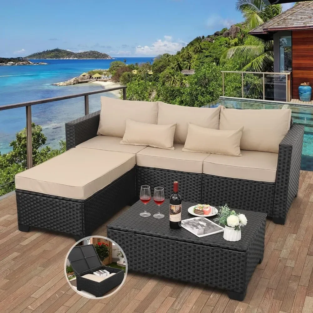 3 Pieces Wicker Patio Furniture Outdoor Sectional Couch Outdoor Coffee Table with Storage No-slip Cushions Waterproof Covers