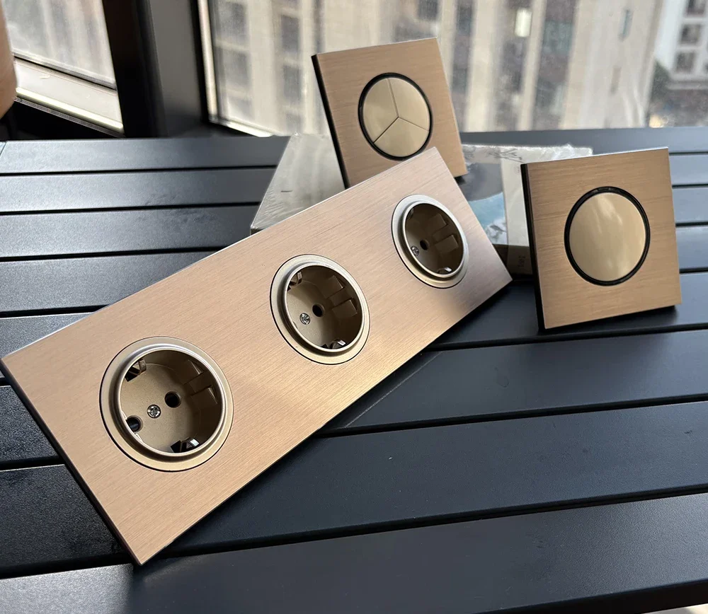 Wallpad Gold Wall Light Switch with Round LED Night Light Button 1 2 3 4 Gang Brushed Aluminum Metal Panel, Dimmer Switch