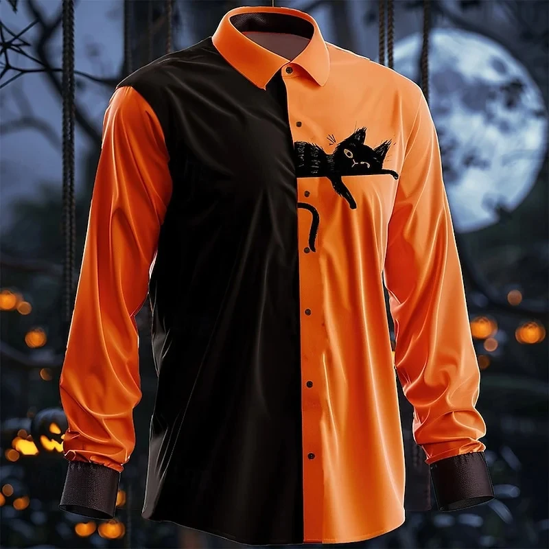 Halloween 3D Printed Men's Long Sleeve Shirt Autumn Winter Neutral Orange Series Fashion Casual Party Oversized Button Shirt