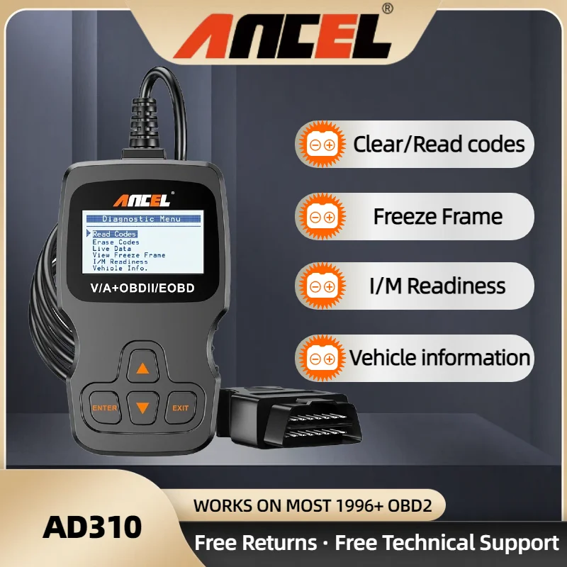 Автомобильный сканер OBD2, считыватель кодов неисправностей двигателя ANCEL AD310, чтение и удаление DTC, данные в реальном времени, фриз-фрейм, проверка I/M, диагностика автомобиля