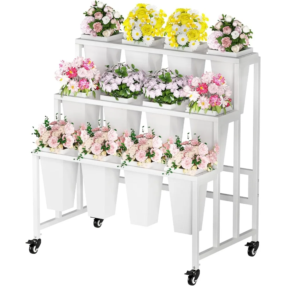 

White Metal 3 Tier Flower Stand with 12 Buckets Wheels Heavy Duty Plant Cart for Indoor Outdoor Garden Wedding Florist
