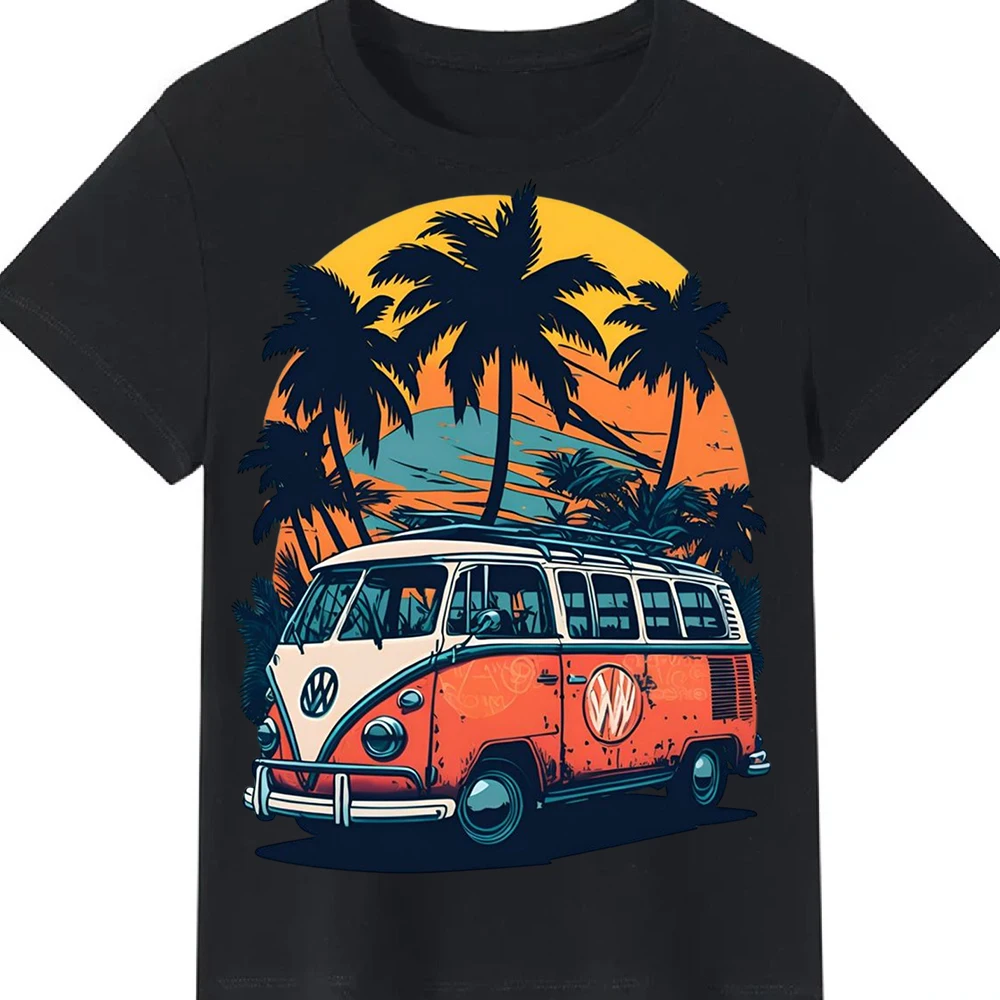 Vintage Black Oversized T-Shirt Retro Summer VW Bus Palm Tree Print Streetwear Casual Cotton Short Sleeve Tee