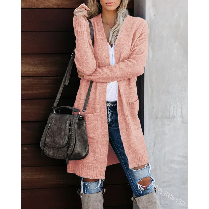 Autumn Winter Casual Fashion Long Sleeve Solid Color Pocket Loose Coat Outwear Elegant Knitted Cardigan Sweater Top