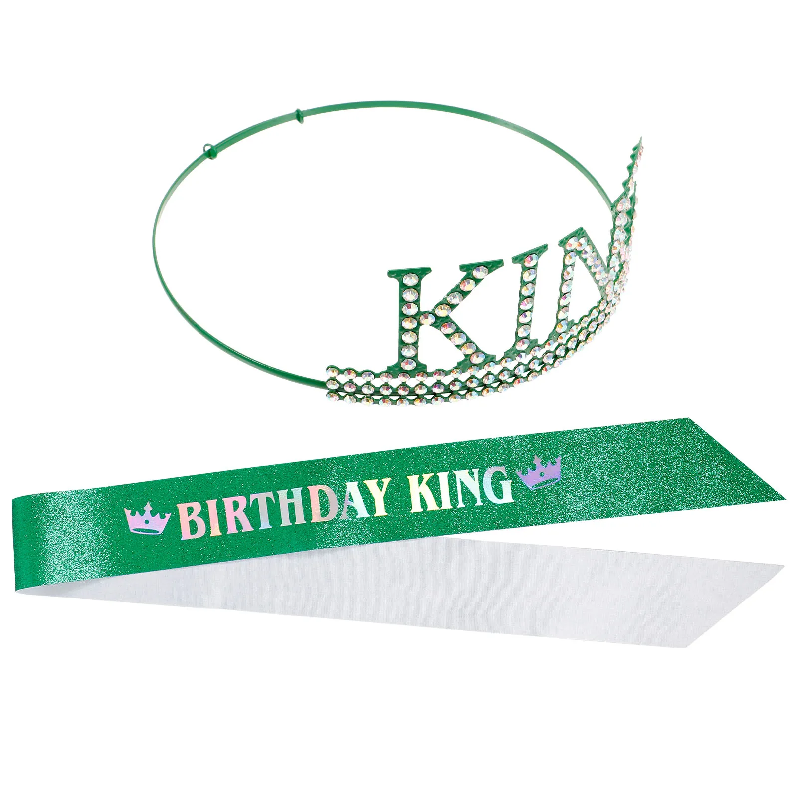 

Birthday Party Crown Tiara Headb for Men Green AB Rhinestone King Letter Round Iron Decoration Hair Styling