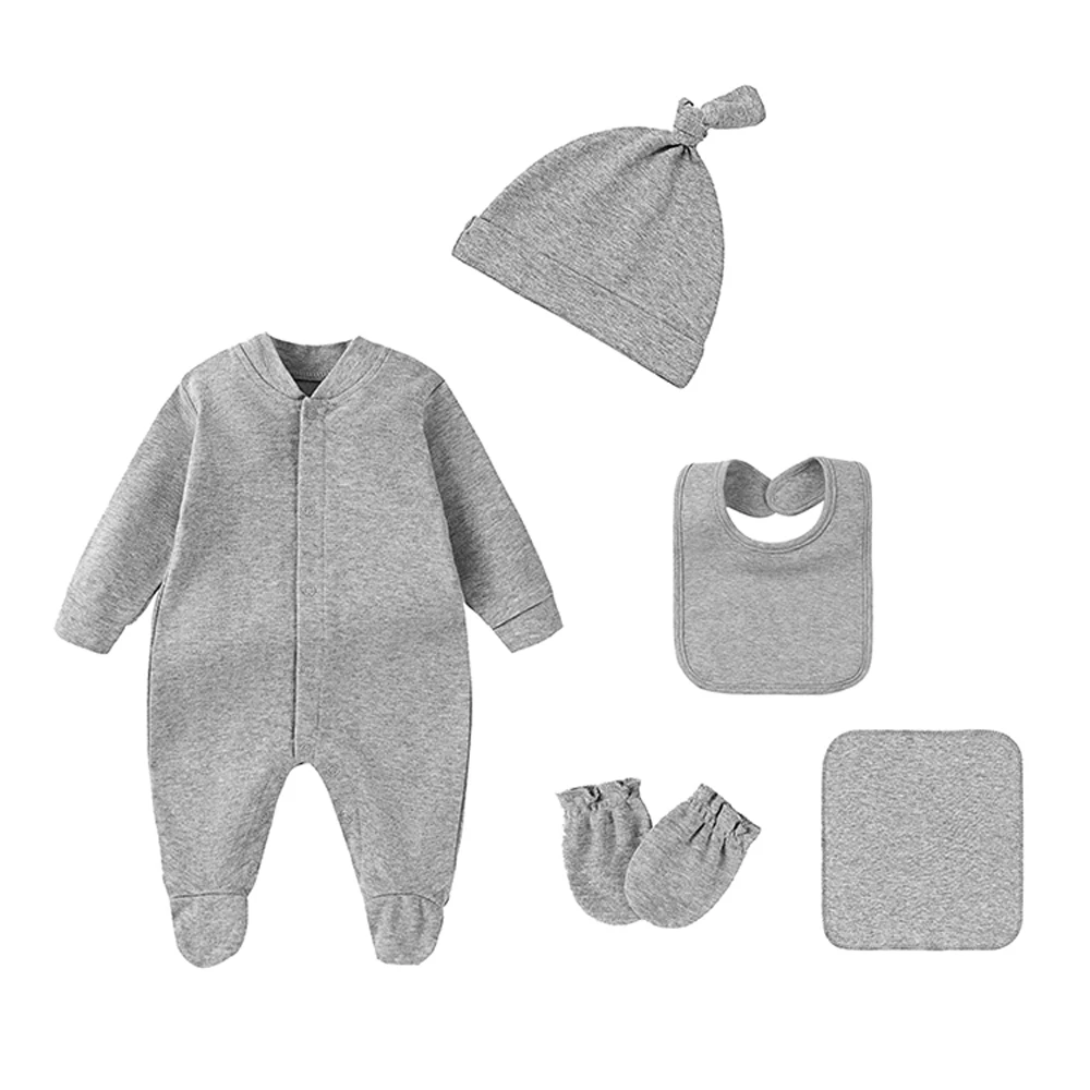100% Cotton Newborn Baby Sets Hospital Baby Girl Clothes Set Pink Long Sleeve Footed Romper+Hat+Drool Bib+Glove Outfits Gift Box